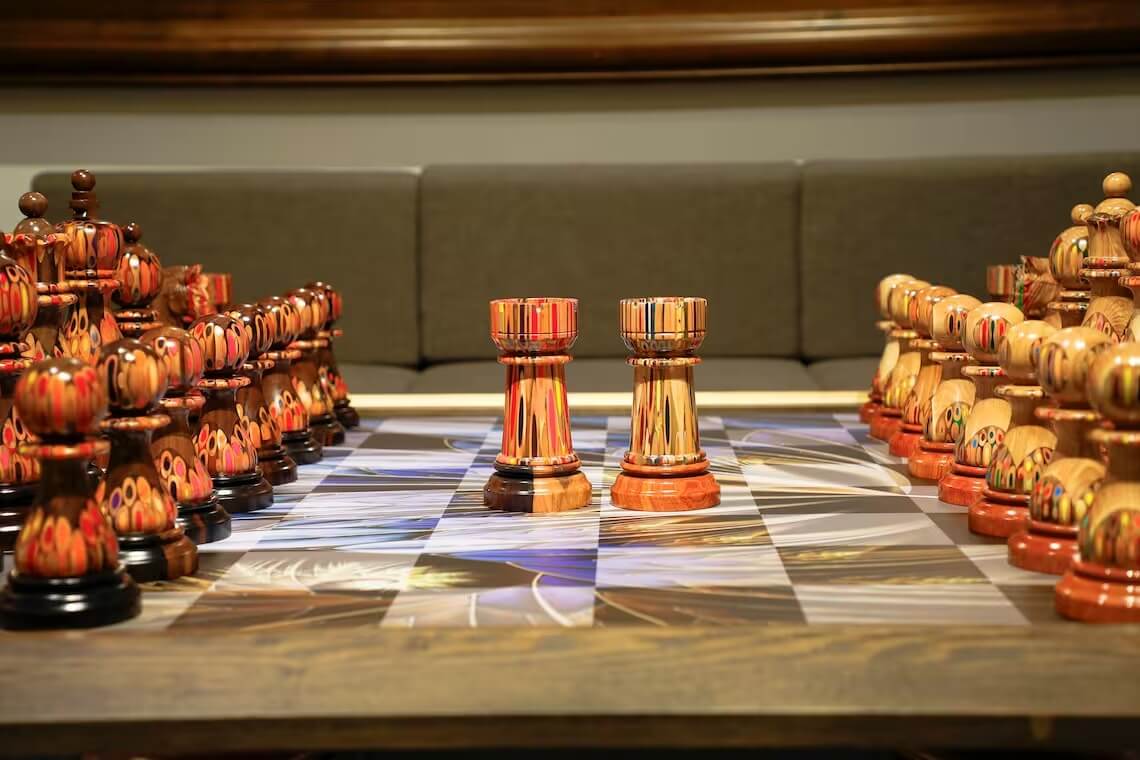 Full Set Giant Deluxe Chess Pieces with Board - High End Blended of Wood, Resin and Colored Pencils.