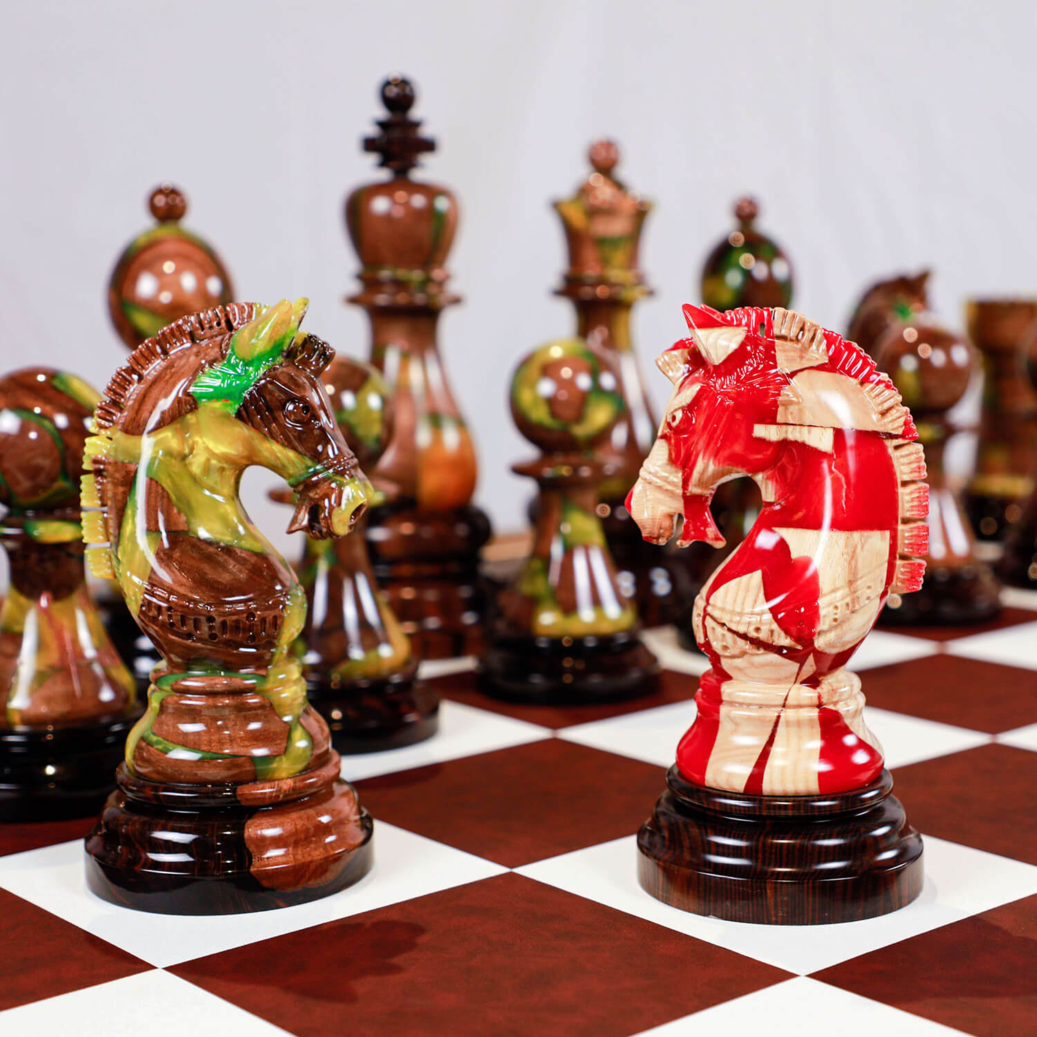Full Set Giant Deluxe Chess Pieces with Board – High End Blended of Wood & Resin. Luxury Art Decor Chess Set yellow green - bright red 3