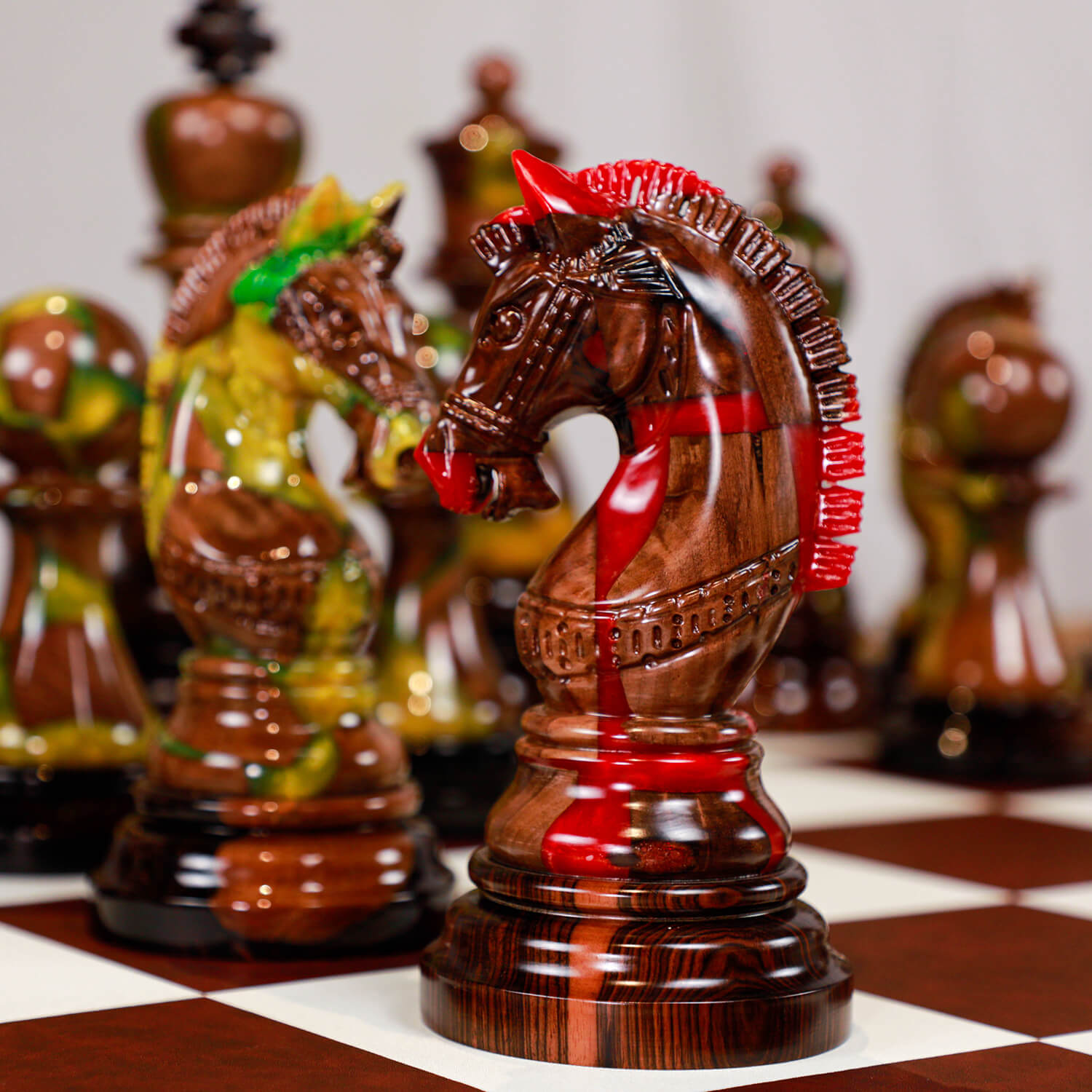 Full Set Giant Deluxe Chess Pieces with Board – High End Blended of Wood & Resin. Luxury Art Decor Chess Setdark red and yellow green 2
