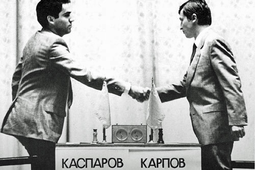 A judge checks player's chairs in the Karpov v Kasparov world