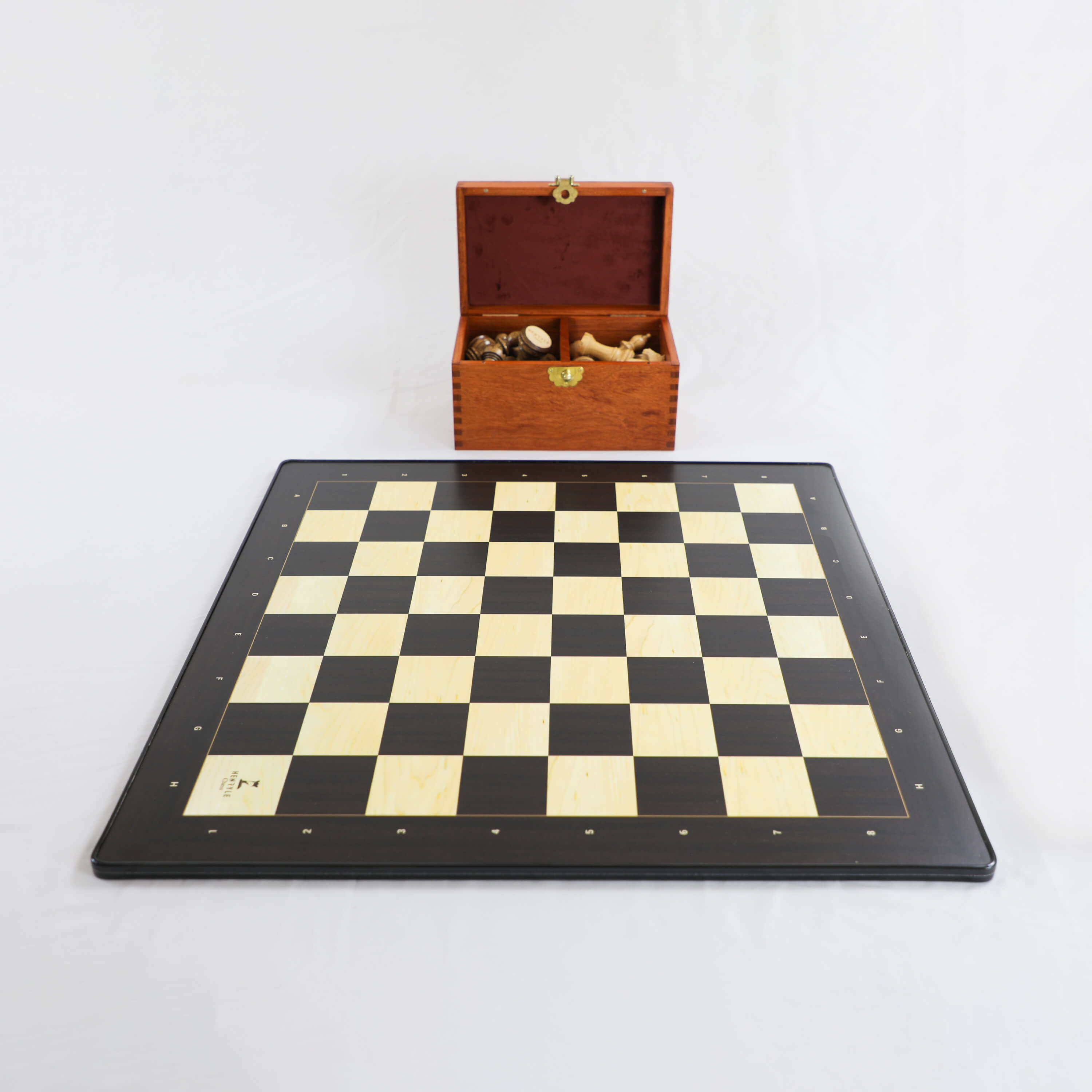 Standard Ebony & Ash Wood Chess Pieces with Wooden Chess Box and Flat Chess Board