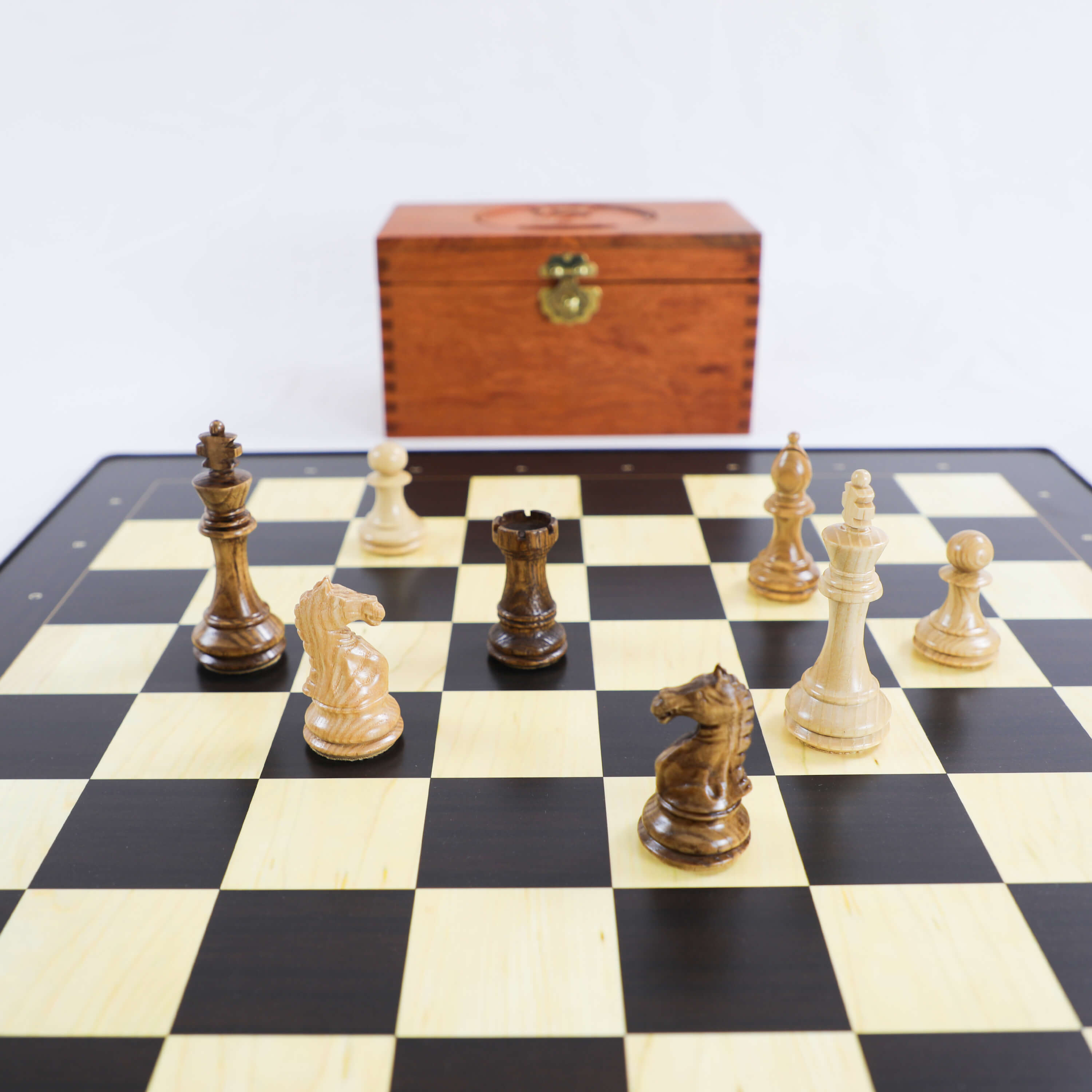 Standard Ebony & Ash Wood Chess Pieces with Wooden Chess Box and Flat Chess Board