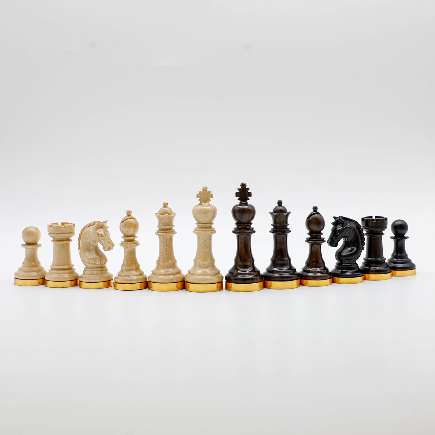 The Luxury Ebony & Maple Chess Pieces With Gold-Plated Brass Base