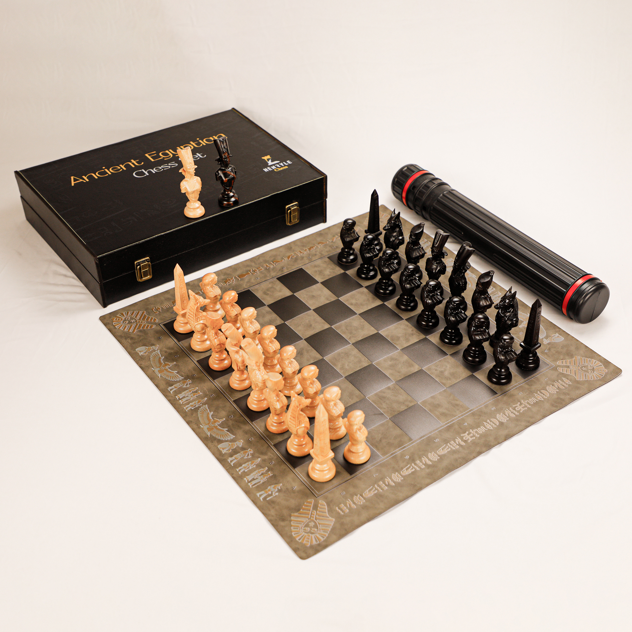 Unique Luxury Egypt Ebony & Mapple Wood Chess Set