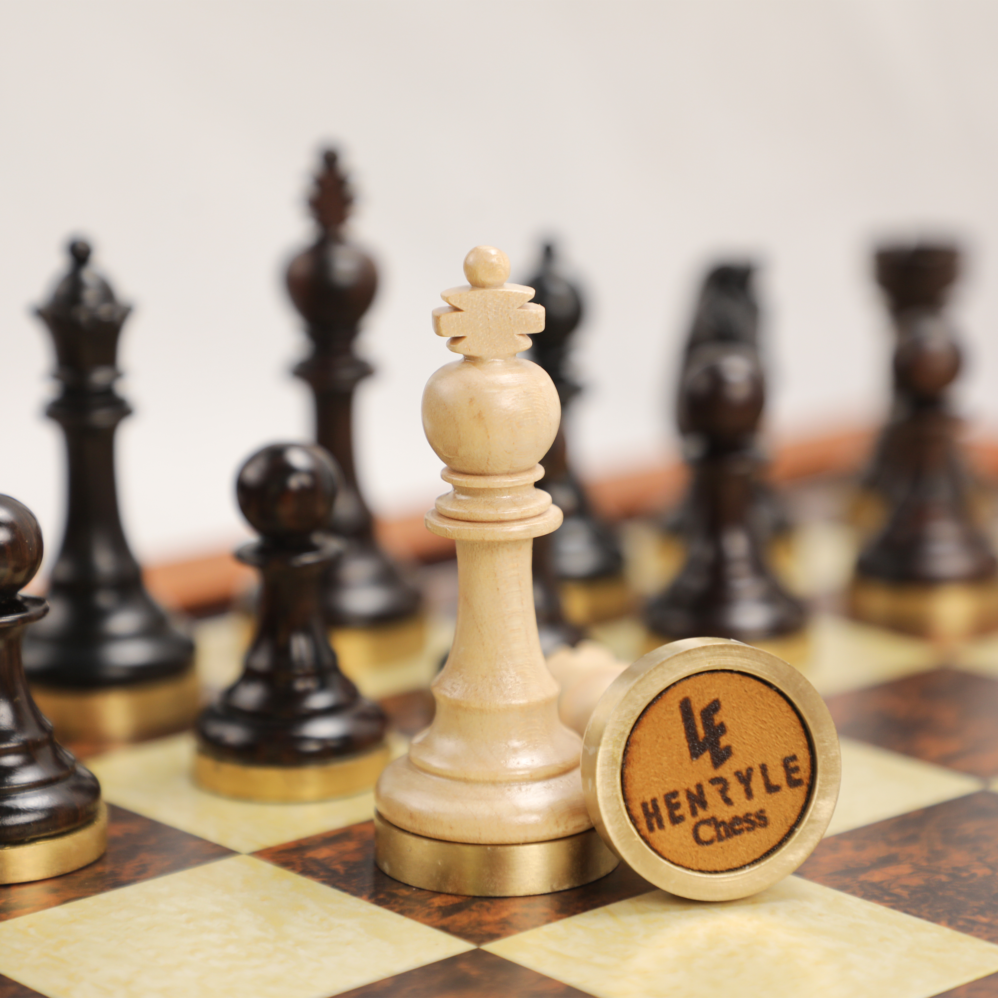 Luxury Ebony & Maple Chess Pieces with bronze base