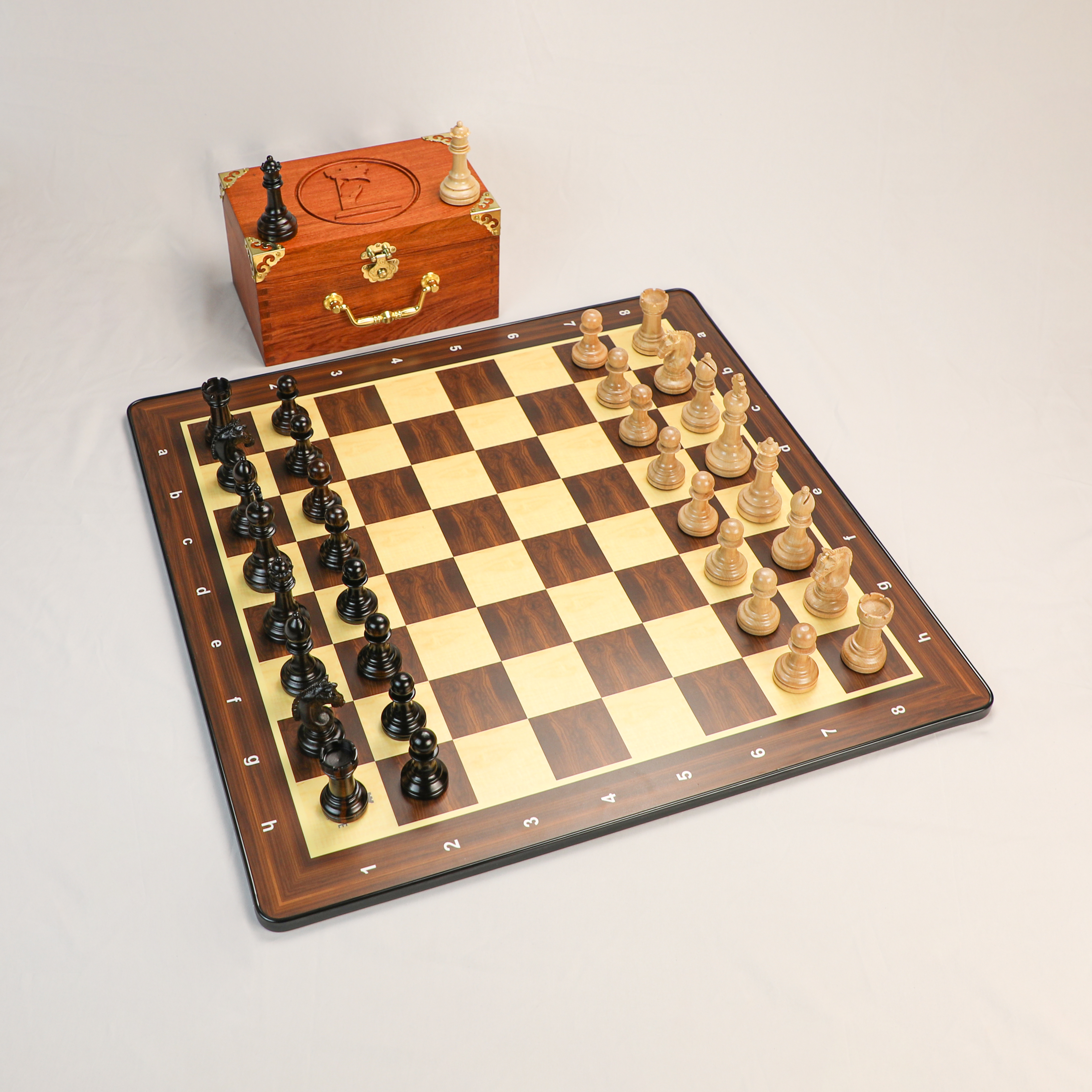 Luxury Ebony & Maple Chess Pieces with Wooden Chess Box and Flat Chess Board  - Henry Chess Sets